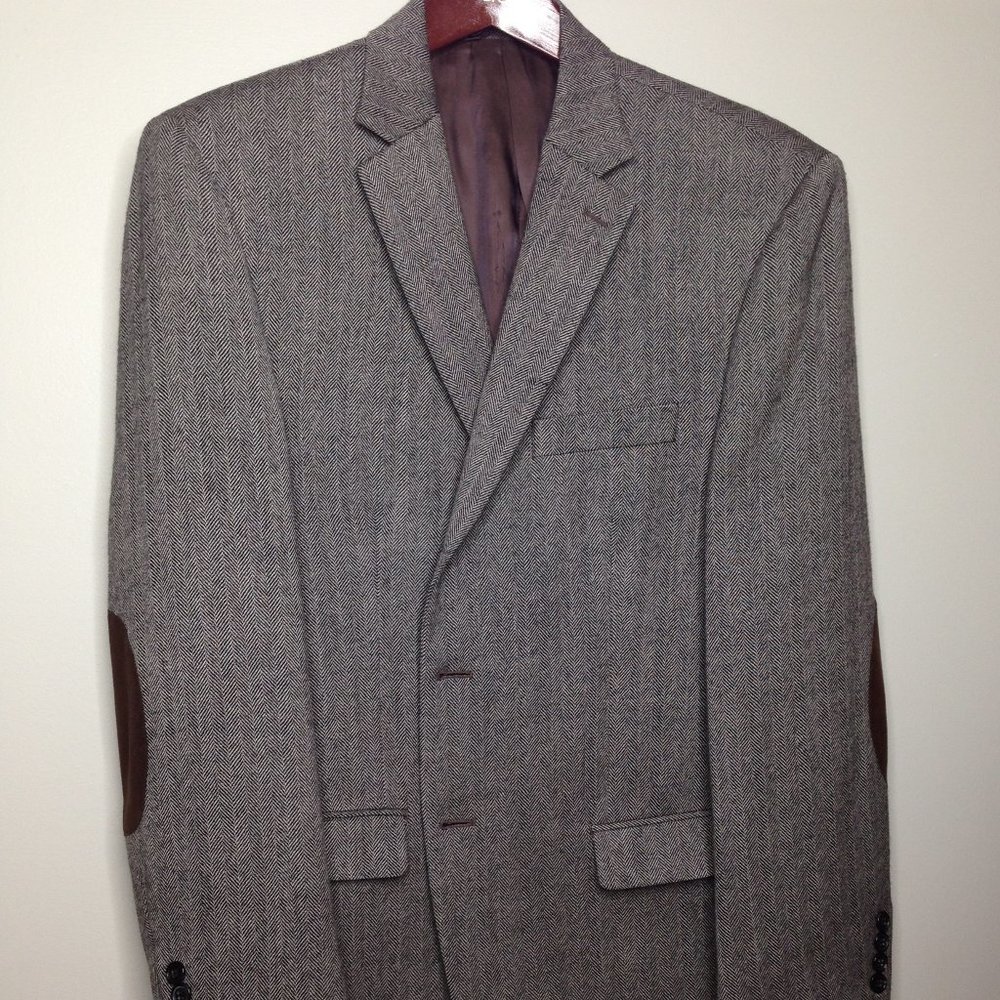 Mens Gray Blazer Herringbone ,Ralph Lauren, Brown Elbow pads